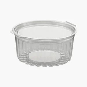 Pote plástico redondo con tapa bisagra, ideal para postres, frutas y alimentos fríos