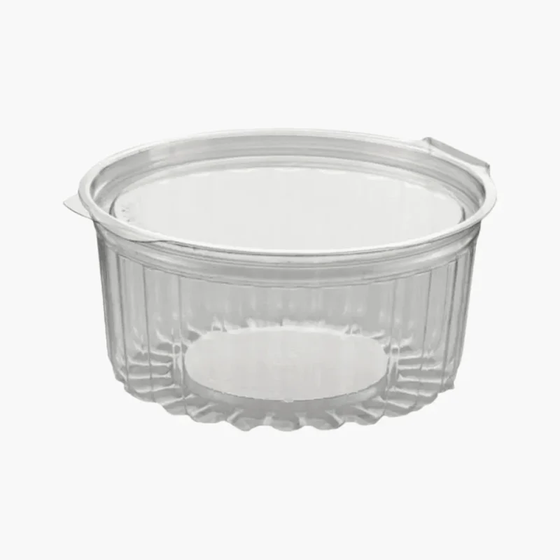 Pote plástico redondo con tapa bisagra, ideal para postres, frutas y alimentos fríos