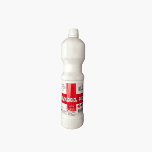 Alcohol etílico al 70% en botella de 1 litro, ideal para desinfectar superficies, utensilios y espacios de uso doméstico, comercial y sanitario.