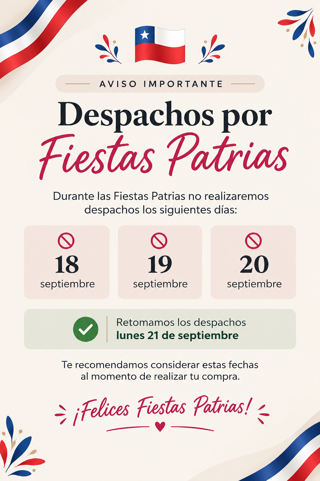 Aviso importante - Fiestas Patrias